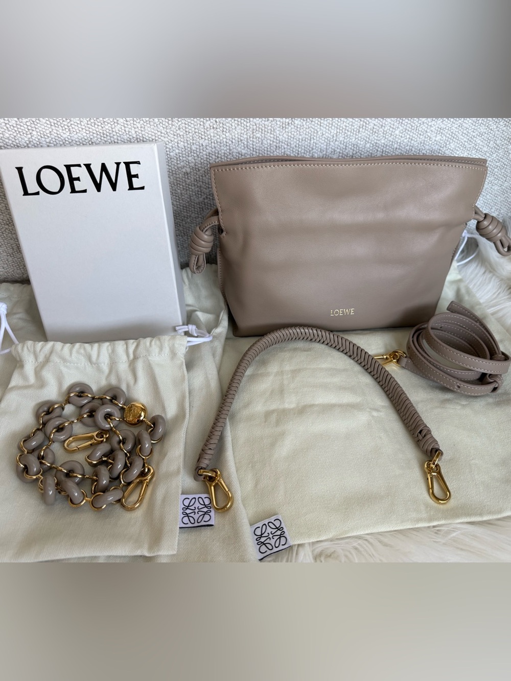 LOEWE Sand Leather Flamenco Crossbody Bag with Gold Hardware